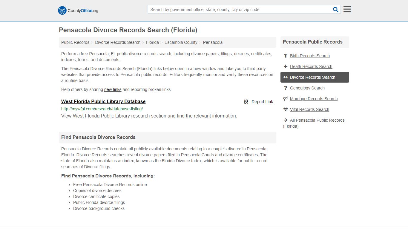 Divorce Records Search - Pensacola, FL (Divorce Certificates & Decrees)